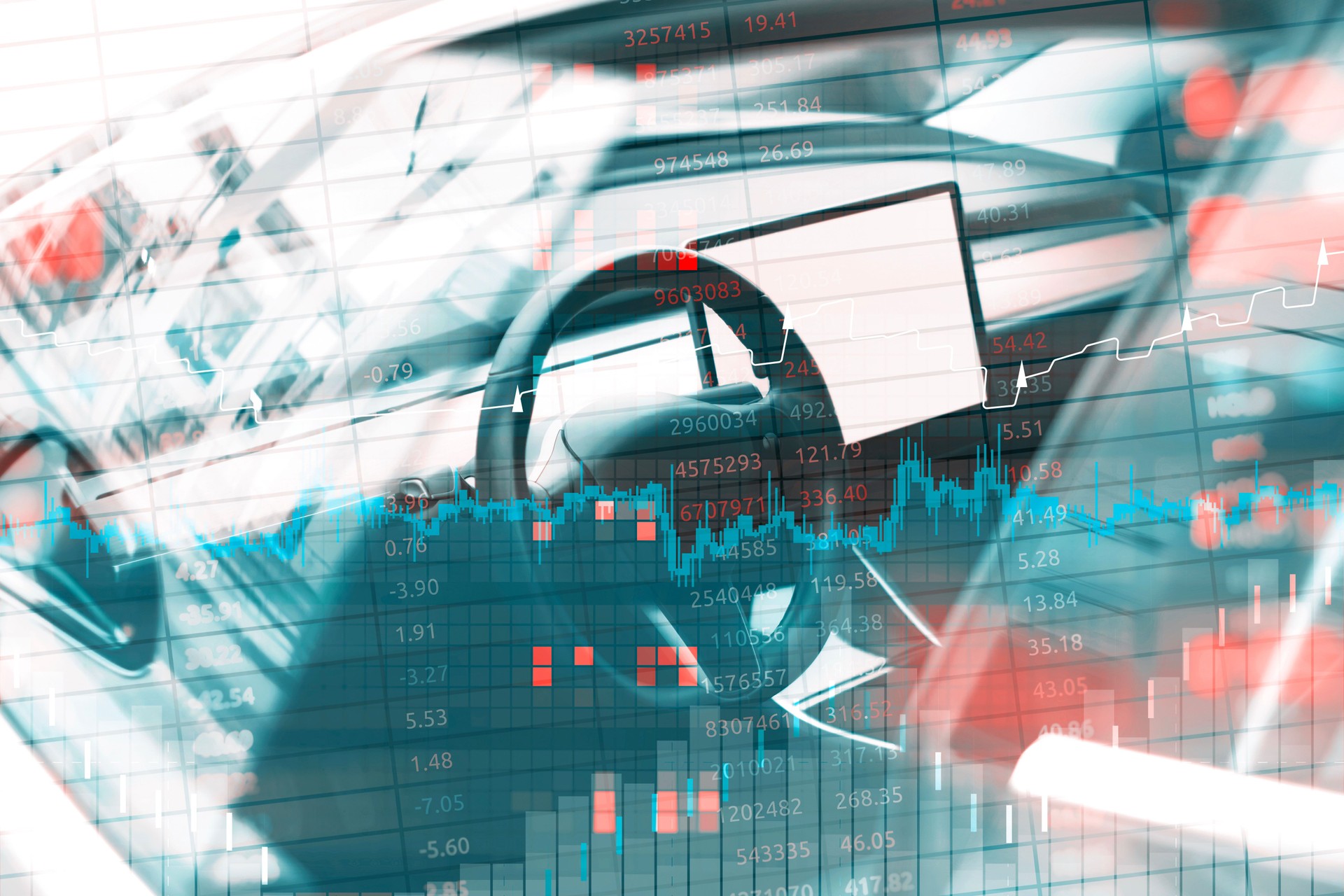Electrical Car with financial graphs the rise and fall of car prices. Dynamics of car prices and corresponds to the car market.
