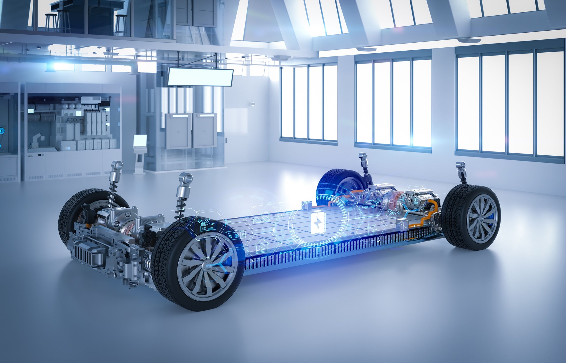 Electric car research and development with ev car with pack of battery cells module on platform in laboratory